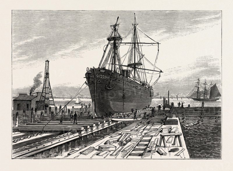NEW YORK: PREPARING TO REMOVE THE OBELISK FROM THE HOLD OF THE STEAMER DESSOUG, AT THE CLIFTON DRY DOCK, STATEN ISLAND