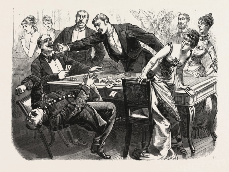 THE BLACK ROBE SCENE IN THE DRAWING-ROOM AT BOULOGNE, ROMAYNE KNOCKING DOWN THE GENERAL AT THE CARD TABLE