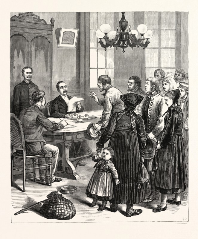 NEW YORK: THE GREAT WORK OF THE STATE COMMISSIONERS OF EMIGRATION, SUPERINTENDENT JACKSON LISTENING TO THE COMPLAINTS OF EMIGRANTS IN HIS OFFICE, CASTLE GARDEN