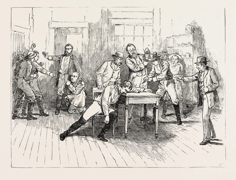 SCENE FROM THE CLOSE OF ACT 1 OF ALDRICH AND PARSLOE'S SUCCESSFUL PLAY MY PARTNER, NOW PERFORMING AT THE CHESTNUT STREET THEATRE, PHILADELPHIA