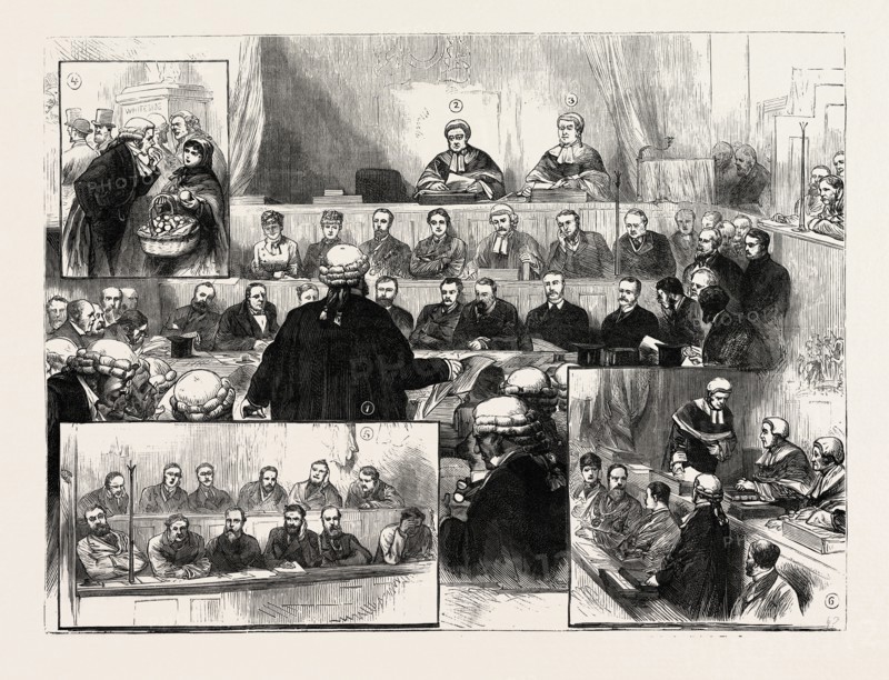 THE IRISH LAND LEAGUE TRIALS AT DUBLIN: 1. The Attorney-General for Ireland stating the case for the Crown. 2. Mr. Justice Fitzgerald. 3. Mr. Justice Barry. 4. A Refresher. 5. The Jury. 6. Lord Chief Justice May withdrawing from the Bench