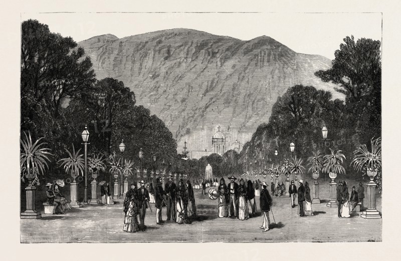 THE WAR IN SOUTH AMERICA: THE CAPITAL OF PERU, VIEW ON THE ALAMEDA DE LOS DESCALZOS
