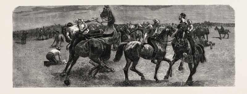 SOUTH AFRICA: A WRESTLING MATCH ON HORSEBACK BETWEEN THE DRAGOON GUARDS AND THE ROYAL ARTILLERY, IN THE TRANSVAAL