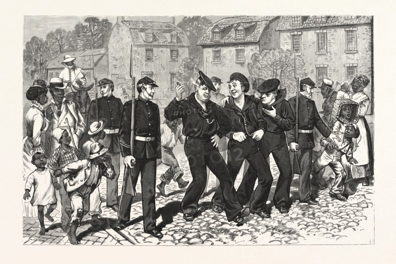 VIRGINIA: AFTER THE NAVAL REVIEW AT HAMPTON ROADS, MARINES GATHERING DELINQUENT SAILORS IN THE STREETS OF NORFOLK