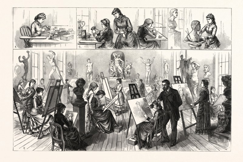 PENNSYLVANIA, THE PHILADELPHIA SCHOOL OF DESIGN FOR WOMEN, IN THE OLD EDWIN FORREST MANSION: 1. Decorating China. 2. Painting Pottery. 3. A Young Sculptor. 4. The Anatomical Class.