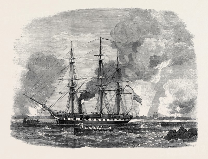 THE BALTIC FLEET: "THE AMPHION," 34 GUN FRIGATE, AMONG THE BATTERIES AT SANDHAMN HELSINGFORS