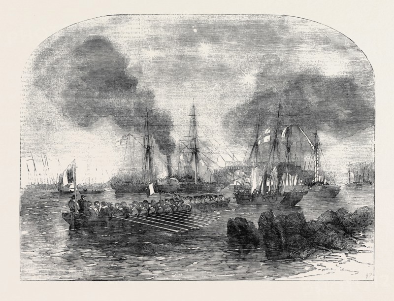 THE BOMBARDMENT OF SVEABORG: FRENCH GUN BOATS GOING TO THE BATTERY WITH SHOT AND SHELL, SKETCHED BY J.W. CARMICHAEL