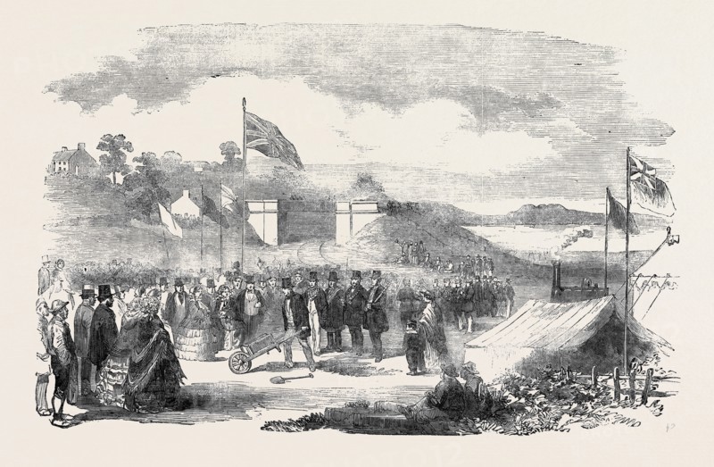 SIR JAMES GRAHAM COMMENCING THE SILLOTH RAILWAY, FRIDAY, 31 AUGUST, 1855; This short line of 12.75 miles is intended to complete the communication between the German Ocean and the Irish Sea. It branches off from the Port Carlisle Railway at a place called Drumburgh, about eight miles north west of the city of Carlisle, and will be carried to the Cumberland.