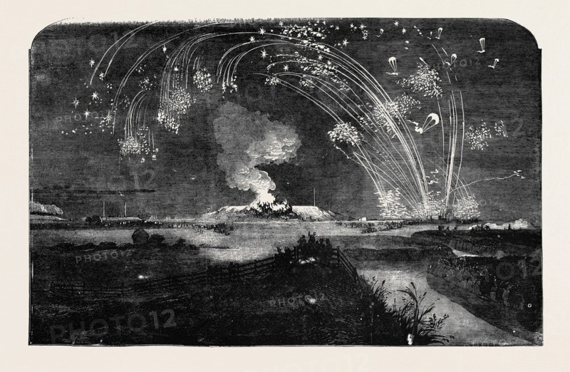 NEWS OF THE FALL OF SEBASTOPOL, SHOWER OF PARACHUTE ROCKETS AND BONFIRE, IN WOOLWICH MARSHES