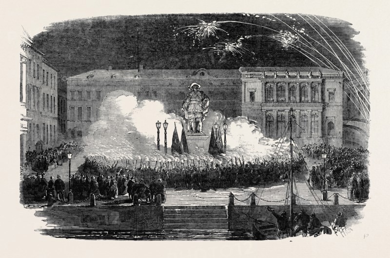 GRAND FETE AT GOTHENBURG, CELEBRATION OF THE FALL OF SEBABTOPOL, TORCHLIGHT PROCESSION AROUND THE STATUE OF GUSTAVUS ADOLPHUS