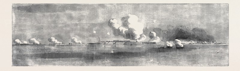 BOMBARDMENT OF KINBURN, VILLAGE ON FIRE, SKETCHED BY AN OFFICER OF THE EXPEDITION