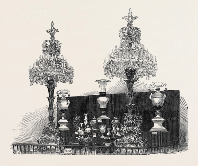 THE PARIS UNIVERSAL EXHIBITION: FRENCH GLASS MANUFACTURES IN THE NAVE STALL OF THE PARIS EXHIBITION.