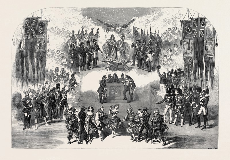 SCENE FROM THE NEW CHRISTMAS PANTOMIME OF "YE BELLE ALLIANCE; OR, HARLEQUIN GOOD HUMOUR AND YE FIELDE OF YE CLOTHE OF GOLDE," AT COVENT GARDEN THEATRE