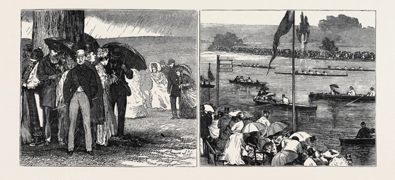 HENLEY REGATTA; LEFT: THE HENLEY SHOWER, RIGHT: VIEW OF THE COURSE FROM THE LAWN