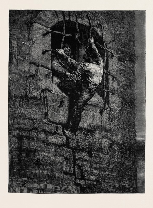 "NINETY THREE" RADOUB; "It only needed one spring more to land him in the chamber of the first floor. But a face appeared in the opening. Radoub saw a frightful spectre rise suddenly  before him in the gloom; with an eye torn out, a shattered jaw, and a mask-like face bedabbled with blood. This hideous mask, which had only one eye left, was watching him. It had two hands: these hands thrust themselves out of the darkness of the loophole and clutched at Radoub; one of them seized the two pistols in his belt, the other snatched the sword from between his teeth."