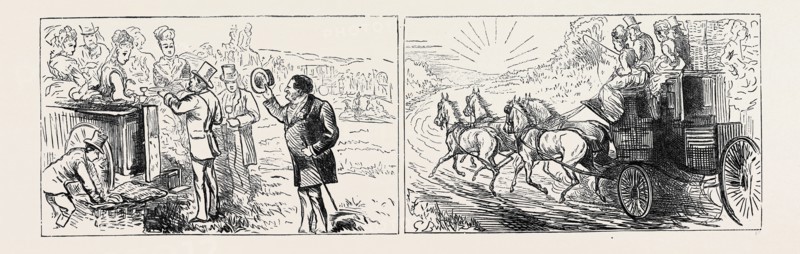 LEFT: THE OLD BORE WHO ALWAYS APPEARS AT LUNCHEON TIME, RIGHT: HOME ON COUSIN TOM'S COACH; GOODWOOD RACES, A LADIES' DAY, AUGUST 8, 1874