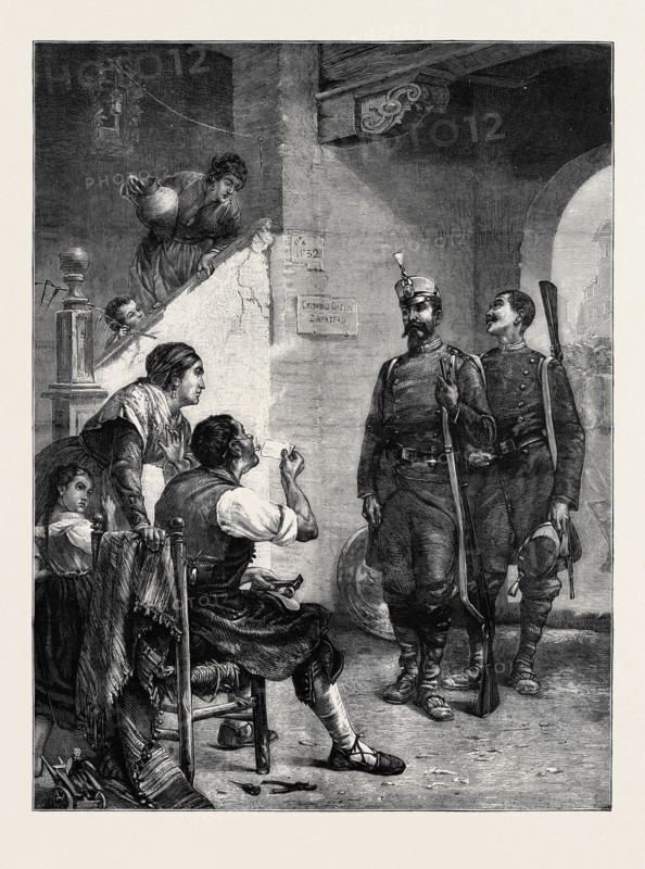 BILLETED, SPAIN, 1874, FROM THE PICTURE BY HAYNES WILLIAMS IN THE EXHIBITION OF THE ROYAL ACADEMY