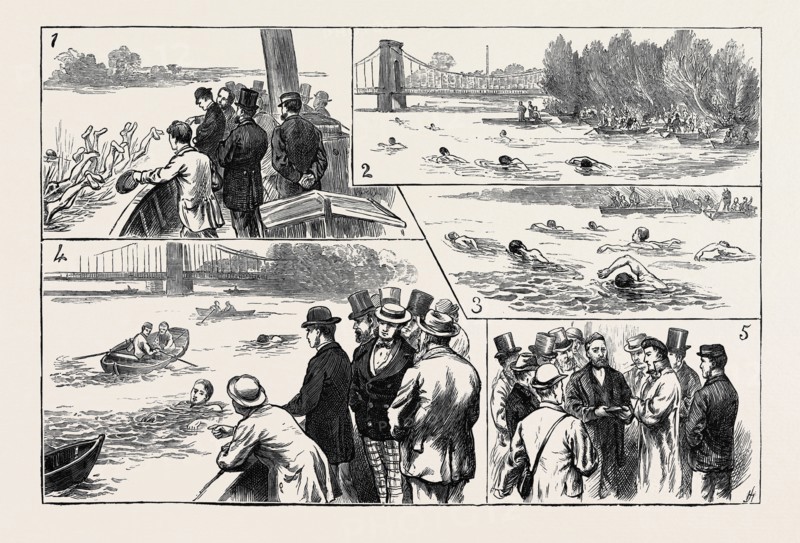 SWIMMING MATCH IN THE THAMES FOR THE AMATEUR CHAMPIONSHIP; 1. The Plunge. 2. The Race: Hammersmith Bridge. 3. Various Styles of Swimming. 4. Winner coming in. 5. Presentation of the Medal, UK