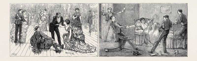 PASSAGES IN THE LIFE OF A SUBALTERN: LEFT IMAGE: OF COURSE I TUMBLE THE FIRST BALL I GO TO IN UNIFORM, AND DON'T KNOW HOW TO GET UP GRACEFULLY, RIGHT IMAGE: IT IS A MISTAKE TO RETIRE EARLY ON A "BIG NIGHT"