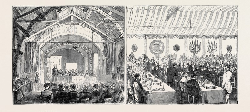 BARROW-IN-FURNESS: ITS HISTORY AND ITS INDUSTRIES, MEETING OF THE IRON AND STEEL INSTITUTE: LEFT IMAGE: MEETING OF THE IRON AND STEEL INSTITUTE IN THE TOWN HALL, RIGHT IMAGE: THE BANQUET, SEPTEMBER 12, 1874, UK