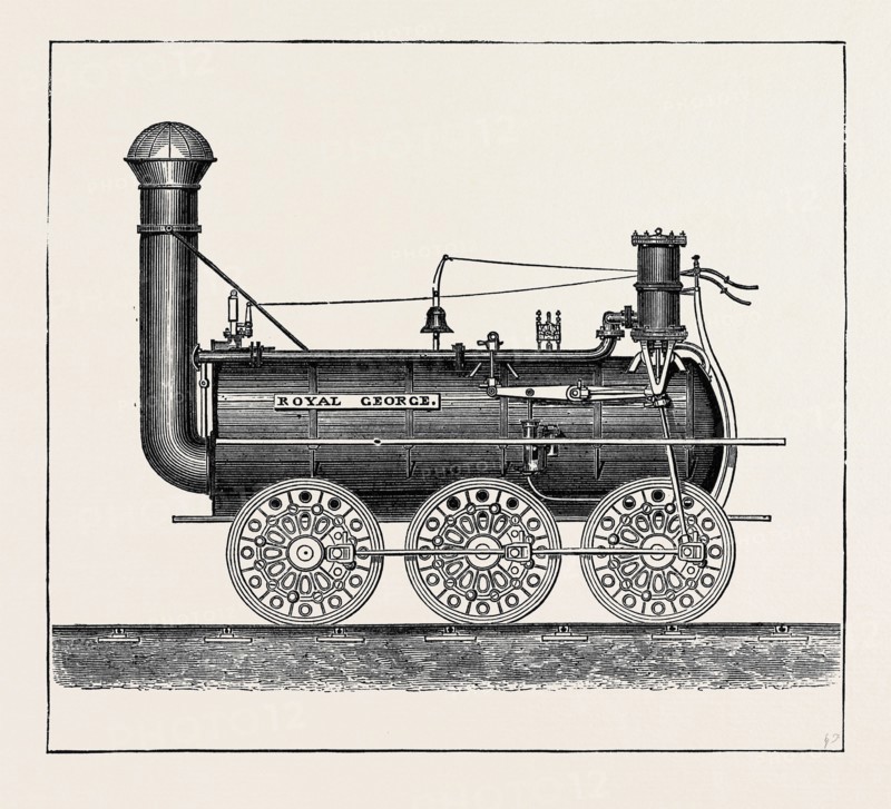 ANNIVERSARY OF THE OPENING OF THE FIRST ENGLISH RAILWAY: THE "ROYAL GEORGE," THE FIRST ENGINE WITH SIX COUPLED WHEELS, SEPTEMBER 26, 1874, UK