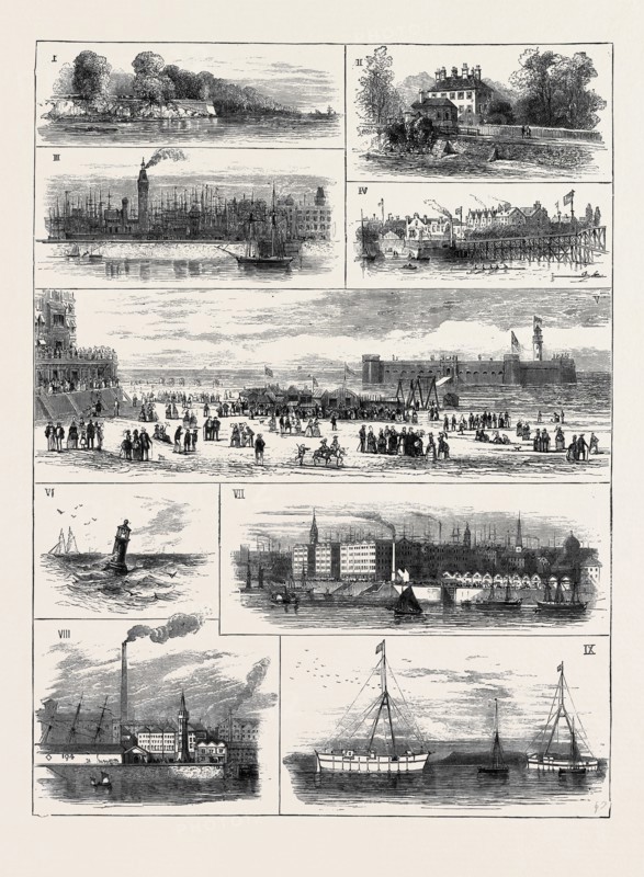 H.R.H. THE DUKE OF EDINBURGH AT LIVERPOOL, JOTTINGS ON THE MERSEY 1. Banks near Eastham. 2. Eastham. 3. Birkenhead Warehouses and Water Tower (Hydraulic). 4. New Ferry. 5. New Brighton Sands, &c. 6. Bell Buoy, Mouth of the Mersey. 7. Albert Docks. 8. The Vauxhall Chimney (Chemical Works). 9. Powder Magazines, Tenders, and Beeston Hills