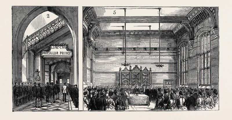 OPENING OF THE SEAMAN'S ORPHANAGE, LIVERPOOL, BY H.R.H. THE DUKE OF EDINBURGH: 2. Arrival of the Royal Party at the Entrance. 5. The opening Ceremony in the Dining Hall., October 10, 1874, UK