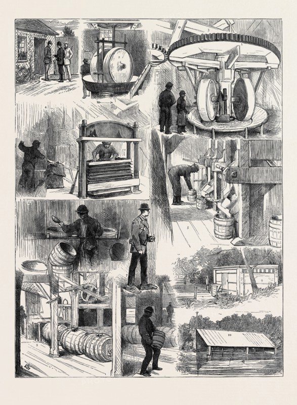 THE MANUFACTURE AND STORAGE OF GUNPOWDER: 1. Giving up our Matches at Entrance. 2. Sulphur Grinding. 3. Incorporating Mills. 4. Hydraulic Press. 5 and 6. Corning House. 7. Shod for the Occasion. 8. GlazingHouse. 9. Charge House. 10. Expense Magazine.