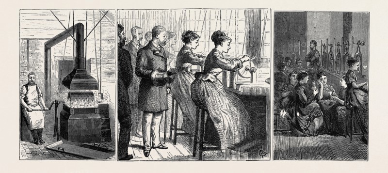 MANUFACTURE OF STEEL PENS, SKETCHED AT THE WORKS OF MR. JOSEPH GILLOTT, VISITED BY H.R.H. THE PRINCE OF WALES: LEFT IMAGE: BRONZING, CENTRE IMAGE: GRINDING, RIGHT IMAGE: WORK GIRLS AT TEA