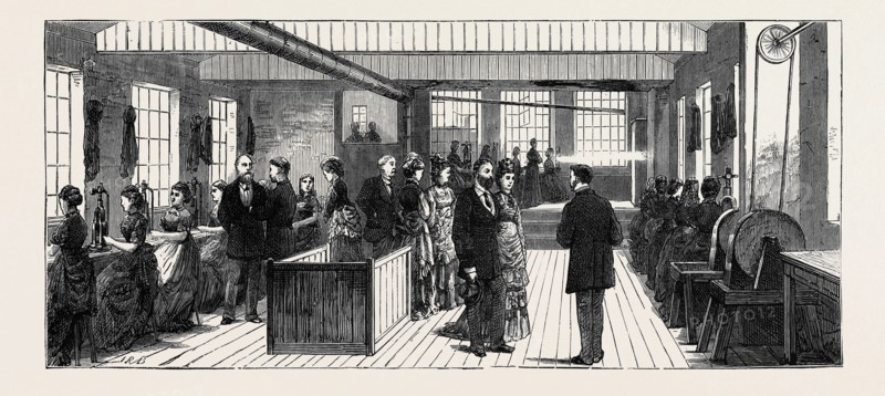 MANUFACTURE OF STEEL PENS, SKETCHED AT THE WORKS OF MR. JOSEPH GILLOTT, VISITED BY H.R.H. THE PRINCE OF WALES: CUTTING OUT ROOM