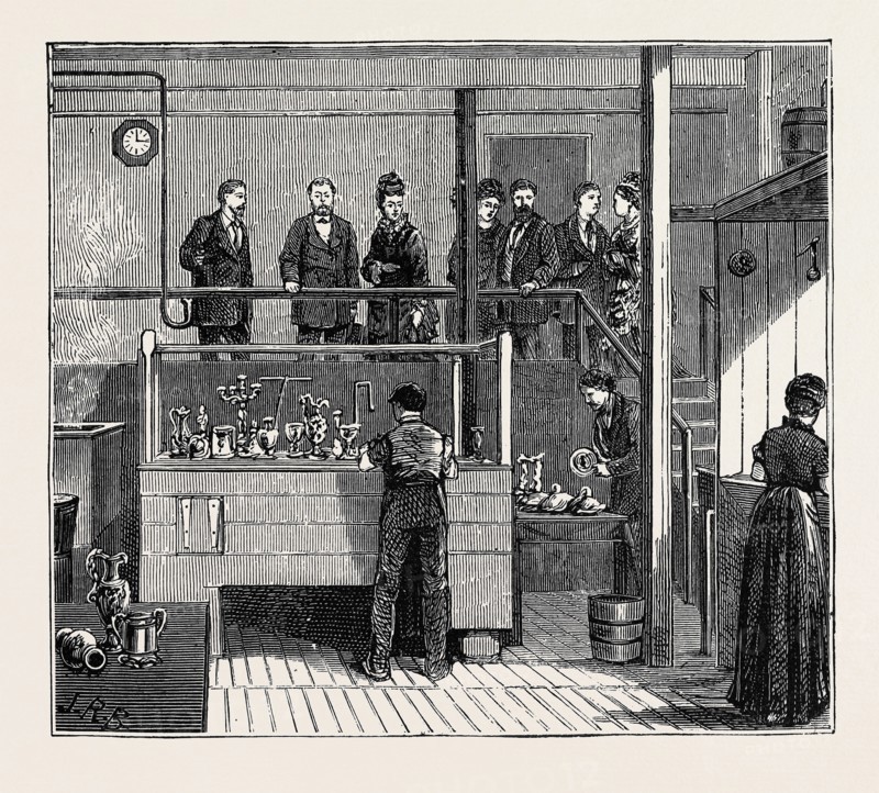 ELECTRO AND SILVER PLATING, SKETCHED AT THE WORKS OF MESSRS. ELKINGTON AND CO., VISITED BY H.R.H. THE PRINCE OF WALES: GOLD PLATING