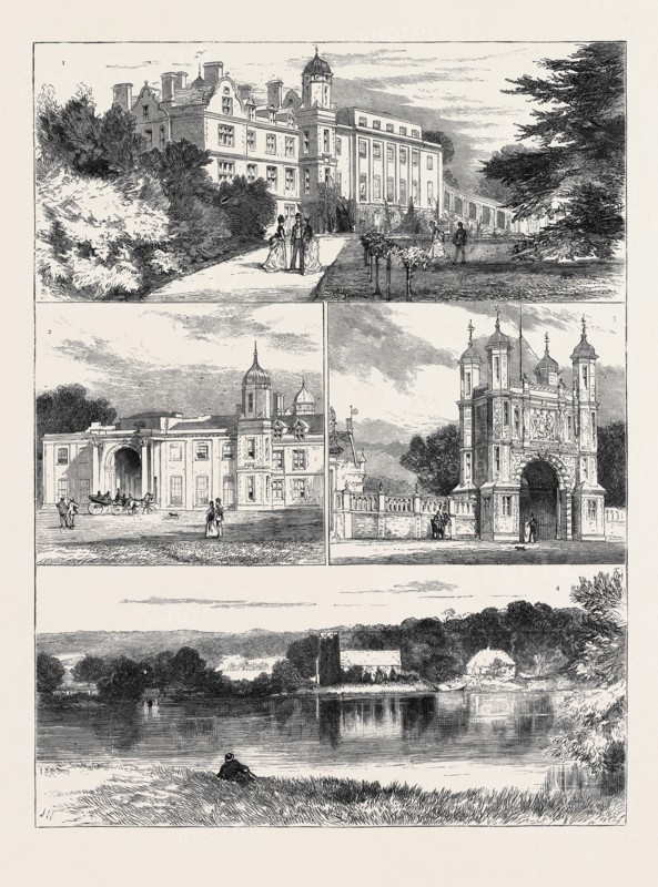 EASTWELL PARK, COUNTRY SEAT OF THE DUKE AND DUCHESS OF EDINBURGH; 1. The House and Grounds, S.W. View. 2. The Park Front. 3. Eastwell Tower, Entrance to the Park. 4. The Church, Lake, and View of the Park