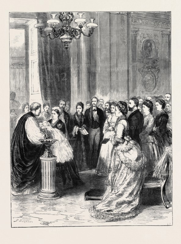 CHRISTENING OF THE INFANT SON OF THE DUKE AND DUCHESS OF EDINBURGH AT BUCKINGHAM PALACE, HER MAJESTY HANDING THE INFANT PRINCE TO THE ARCHBISHOP OF CANTERBURY, NOVEMBER 28, 1874