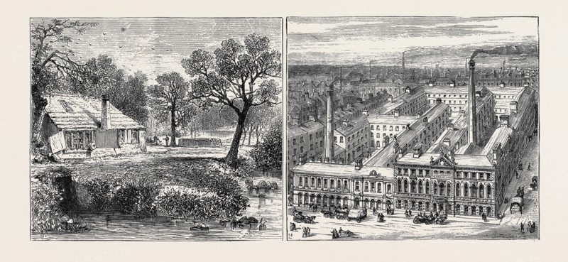 BUILDINGS AND INDUSTRIES OF SHEFFIELD: LEFT IMAGE: OLD STYLE, GRINDING WHEEL IN ENDCLIFFE WOOD, RIGHT IMAGE: NEW STYLE, THE WORKS OF MESSRS. RODGERS AND SONS