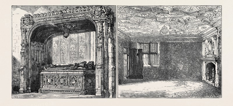BUILDINGS AND INDUSTRIES OF SHEFFIELD: LEFT IMAGE: THE SHREWSBURY MONUMENT IN THE PARISH CHURCH, RIGHT IMAGE: ROOM IN SHEFFIELD MANOR, SAID TO HAVE BEEN THE PRISON OF MARY QUEEN OF SCOTS