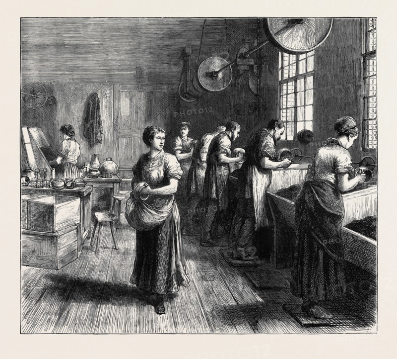 BUILDINGS AND INDUSTRIES OF SHEFFIELD: BUFFING ELECTROPLATE AT MESSRS. MARTIN, HALL, AND CO.'S WORKS