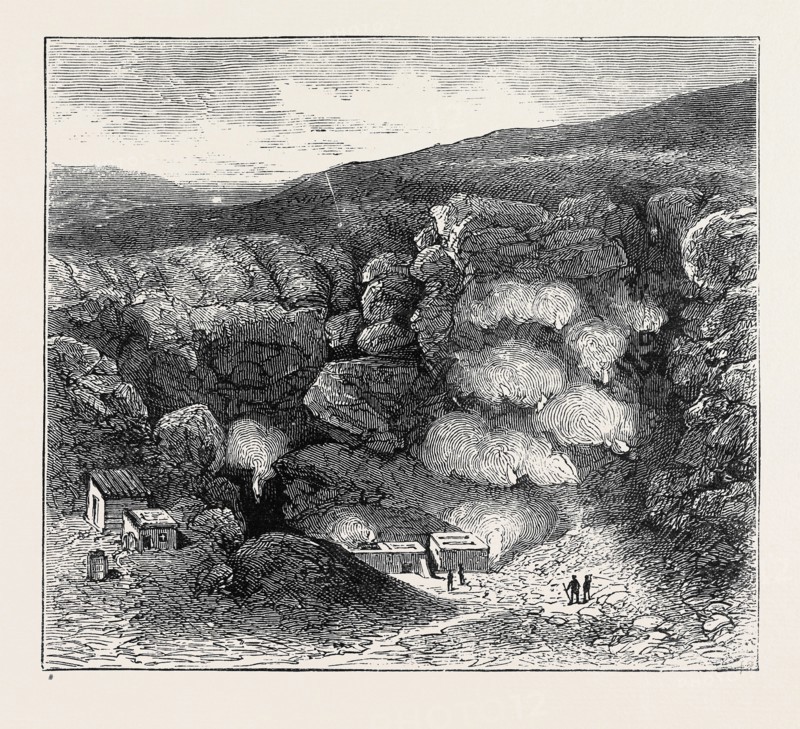 SKETCHES IN THE LIPARI ISLANDS: INTERIOR OF GREAT CRATER, VULCANO, WITH CHAMBERS OF CONDENSATION, FIRST GROUP OF FUMAROLES