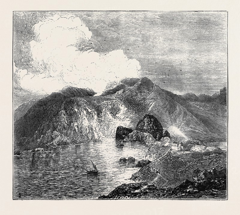 SKETCHES IN THE LIPARI ISLANDS: VIEW OF GREAT CRATER, VULCANO, FROM THE SEA, WITH RESIDENCE AND WORKS