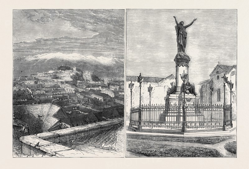 THE FORTHCOMING TRANSIT OF VENUS: LEFT IMAGE: VIEW OF SANTIAGO, RIGHT IMAGE: MONUMENT AT SANTIAGO TO THOSE WHO PERISHED DURING THE BURNING OF THE CATHEDRAL, 1863