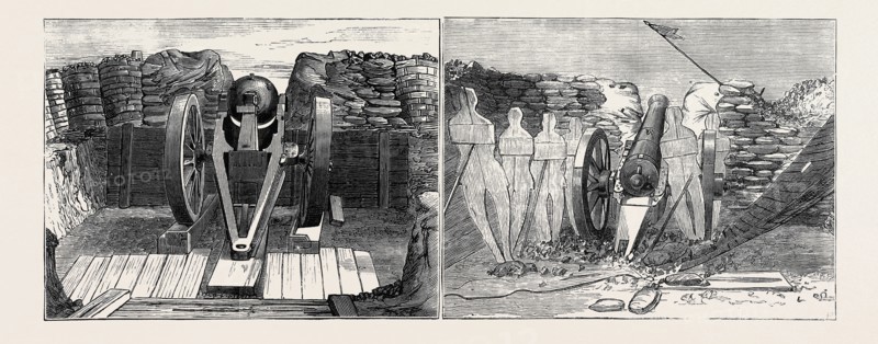"SIEGE GUNS AND EARTHWORKS", ARTILLERY EXPERIMENTS AT EASTBOURNE: LEFT IMAGE: A 64 POUNDER GUN IN POSITION TO FIRE AT THE BATTERY OF DEFENCE, RIGHT IMAGE: EFFECT OF THE 160 POUNDER SHELL FROM THE HOWITZER ON A GUN AND DUMMY ATTACHMENT OF THE DEFENCE BATTERY