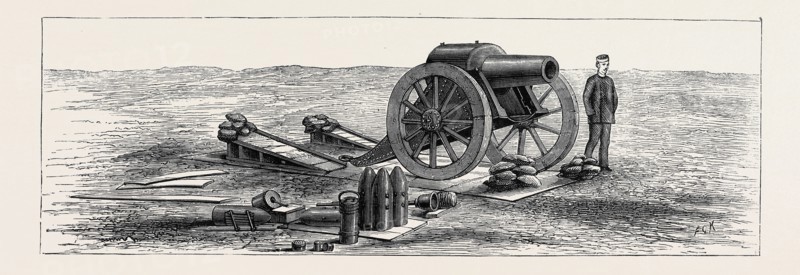 "SIEGE GUNS AND EARTHWORKS", ARTILLERY EXPERIMENTS AT EASTBOURNE: A 46 CWT. HOWITZER ON ITS PLATFORM, WITH TEMPORARY EXPEDIENT OF INCLINED PLANKS