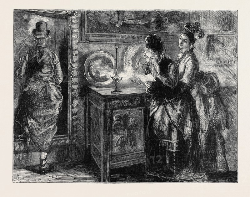 IMAGE ACCOMPANYING "THE LAW AND THE LADY: A Novel" BY WILKIE COLLINS, CHAPTER XXII, THE MAJOR MAKES DIFFICULTIES; "She opened an invisible side-door in the wall, masked by one of the pictures - disappeared through it, like a ghost - and left us together, alone in the ball. Mrs. Macallan approached the oil lamp, and looked by its light at the sheet of paper which the woman had given to her. I followed, and peeped over her shoulder."