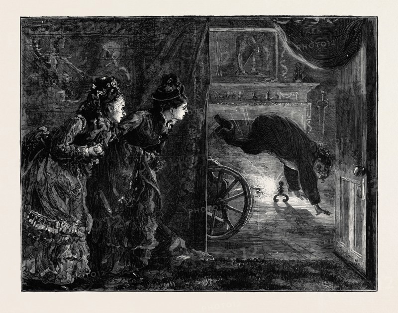 IMAGE ACCOMPANYING "THE LAW AND THE LADY: A Novel" BY WILKIE COLLINS, CHAPTER XXIV, MISERRIMUS DEXTER, FIRST VIEW; "The instant she pronounced those last words, "Eustace Macallan's second wife," the man in the chair sprang out of it with a shrill cry of horror, as if she had shot him. For one moment we saw a head and body in the air, absolutely deprived of the lower limbs. The moment after, the terrible creature touched the floor as lightly as a monkey on his hands."