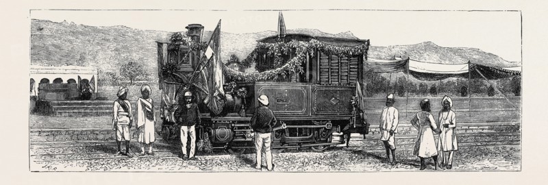 OPENING OF THE FIRST RAJPOOTANA STATE RAILWAY TO ULWAR: THE FIRST ENGINE THAT ENTERED ULWAR, DECEMBER 26, 1874