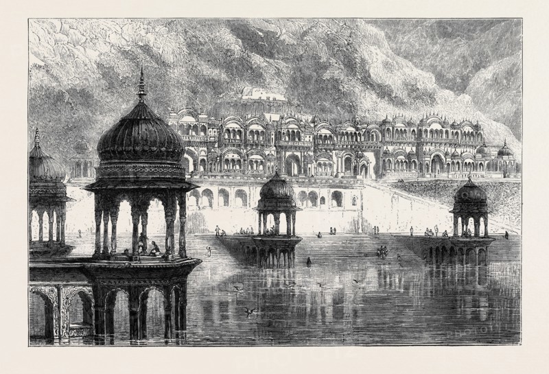 OPENING OF THE FIRST RAJPOOTANA STATE RAILWAY TO ULWAR: ROW OF HINDOO TEMPLES AT THE FOOT OF FORT ULWAR, DECEMBER 26, 1874