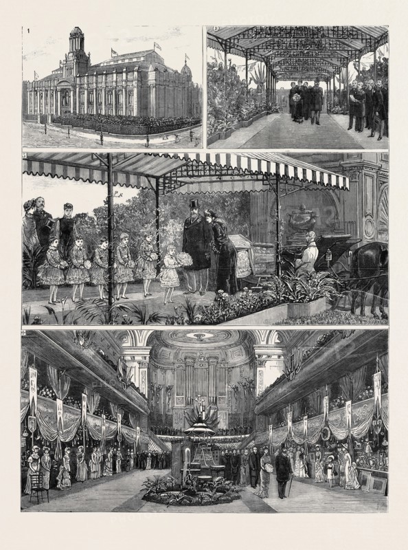THE PRINCE AND PRINCESS OF WALES AT BRADFORD: 1. The New Technical Schools: Waiting for the Prince; 2. The Arrival of the Prince and Princess at Saltaire Railway Station; 3. Presentation of a Bouquet to the Princess of Wales at Saltaire; 4. Visit of the Prince and Princess to the Bazaar at St. George's Hall