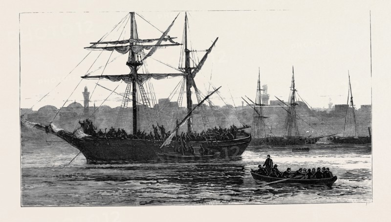 THE CRISIS IN EGYPT: REFUGEES EMBARKING ON BOARD A NATIVE COASTER AFTER THE RECENT RISING AT ALEXANDRIA