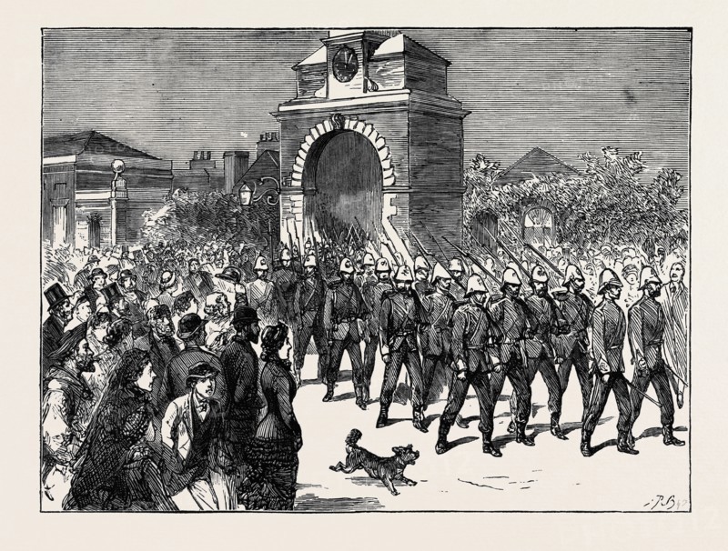 WAR PREPARATIONS AT PORTSMOUTH: THE MARINES LEAVING FORTON BARRACKS