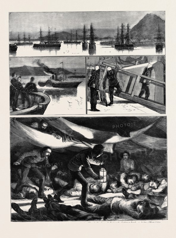 THE CRISIS IN EGYPT, THE VOYAGE OF H.M.S. TROOPSHIP "ORONTES": 1. The British Reserve Squadron at Gibraltar; 2. At Plymouth: Marines Coming Off to the Vessel; 3. At Portsmouth: Getting on Board; 4. At Sea: Officers Going Round the Troop-Deck at Night