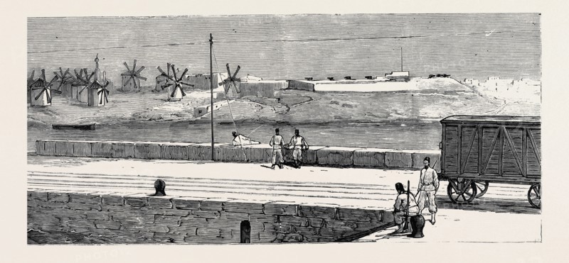 BEFORE THE BOMBARDMENT OF ALEXANDRIA, JULY 7, 1882: ISALE FORT, OR THE WINDMILLS, FROM THE P. & O. COMPANY'S LANDING-STAGE